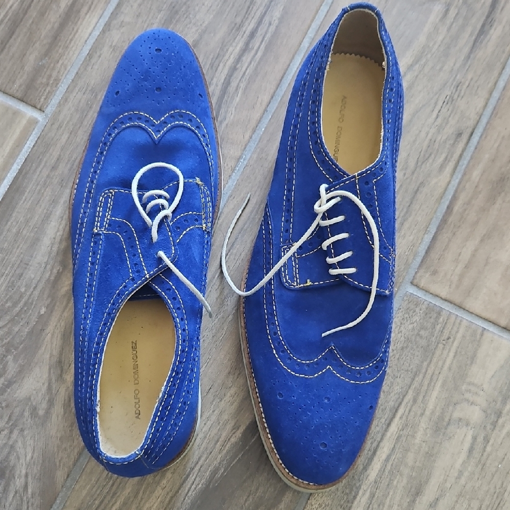 Adolfo Dominguez Royal Blue Suede Leather Brogue Oxford Lace Up Wingtip Shoes 10